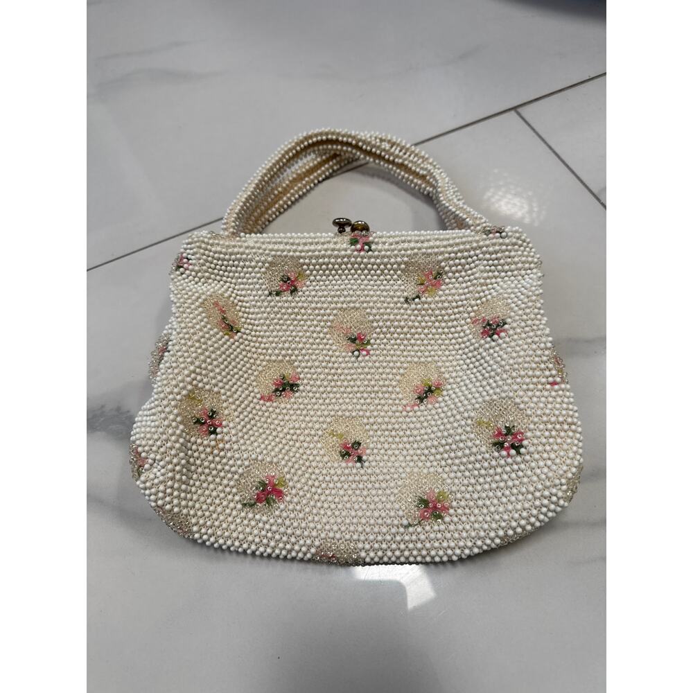 Vintage 1950’s Corde Bead Lumured Ivory Floral Clutch Handbag Purse With Handle - Picture 10 of 10